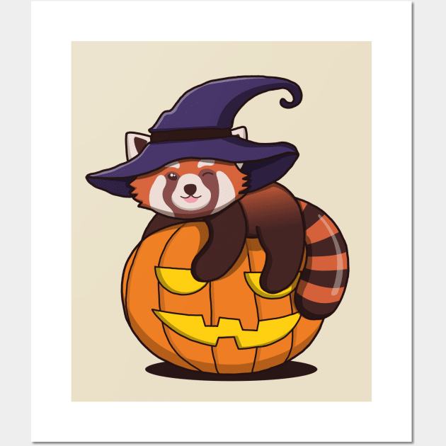 Cute Red Panda On The Pumpkin Wall Art by Luna Illustration